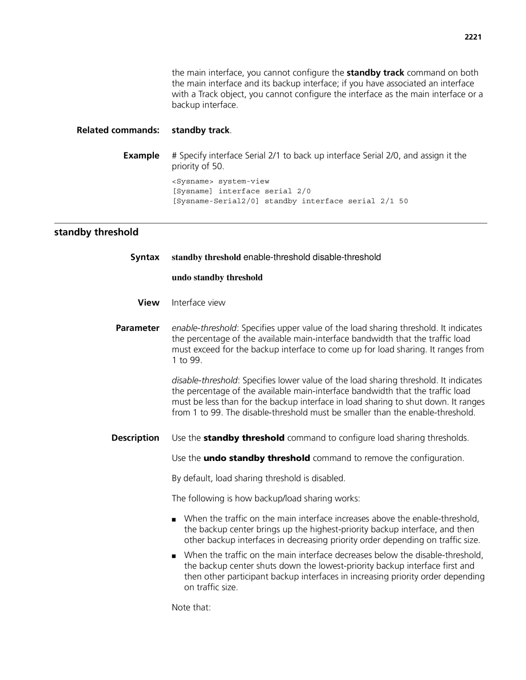 3Com MSR 50, MSR 30 manual Standby threshold, Related commands standby track, Undo standby threshold, 2221 