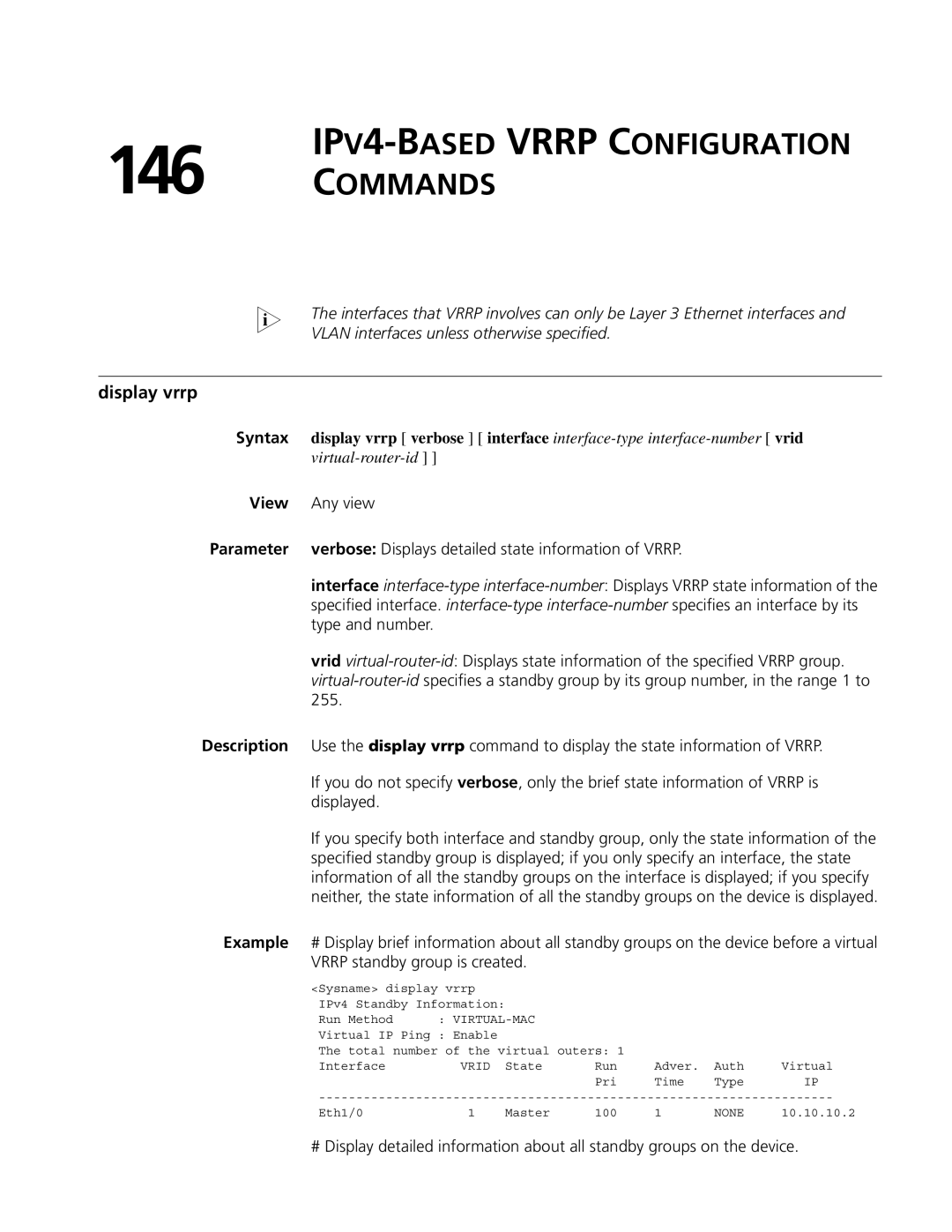 3Com MSR 50, MSR 30 manual IPV4-BASED Vrrp Configuration Commands, Display vrrp 