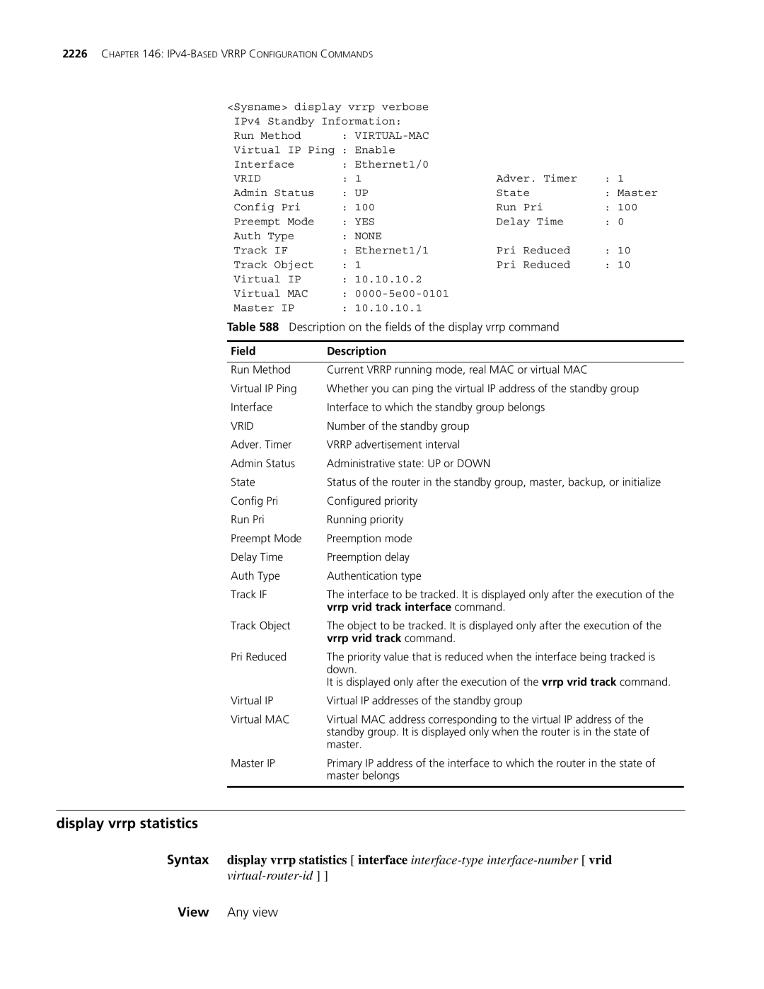 3Com MSR 30 Display vrrp statistics, Description on the fields of the display vrrp command, Vrid, Vrrp vrid track command 