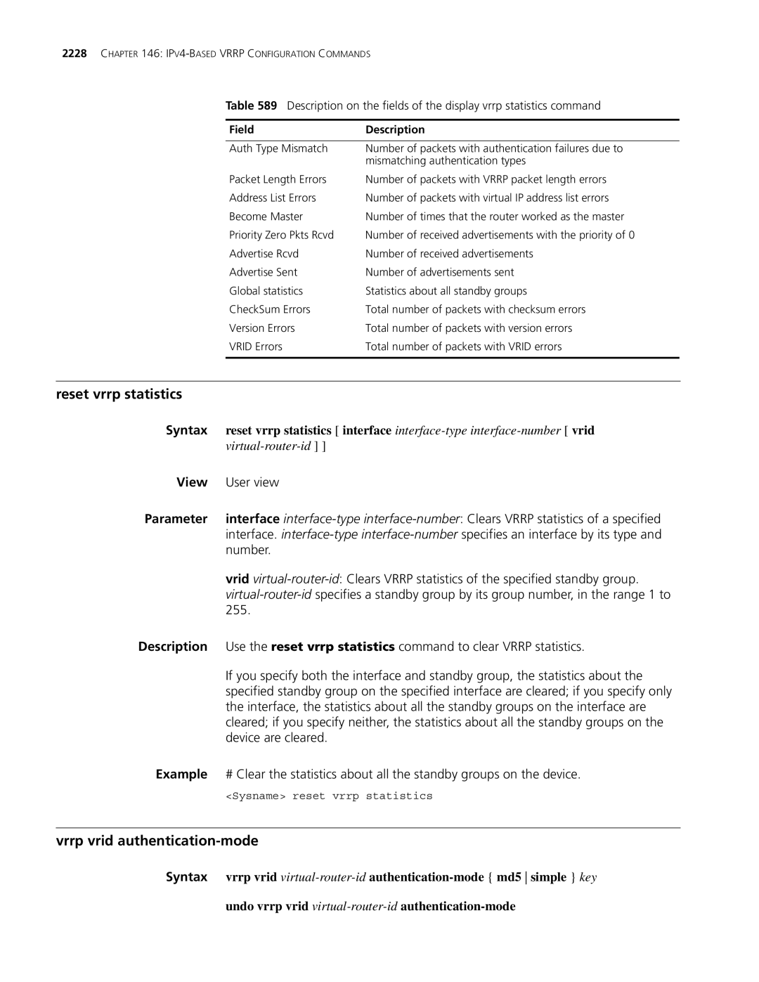 3Com MSR 30, MSR 50 manual Reset vrrp statistics, Vrrp vrid authentication-mode, 255, Device are cleared 