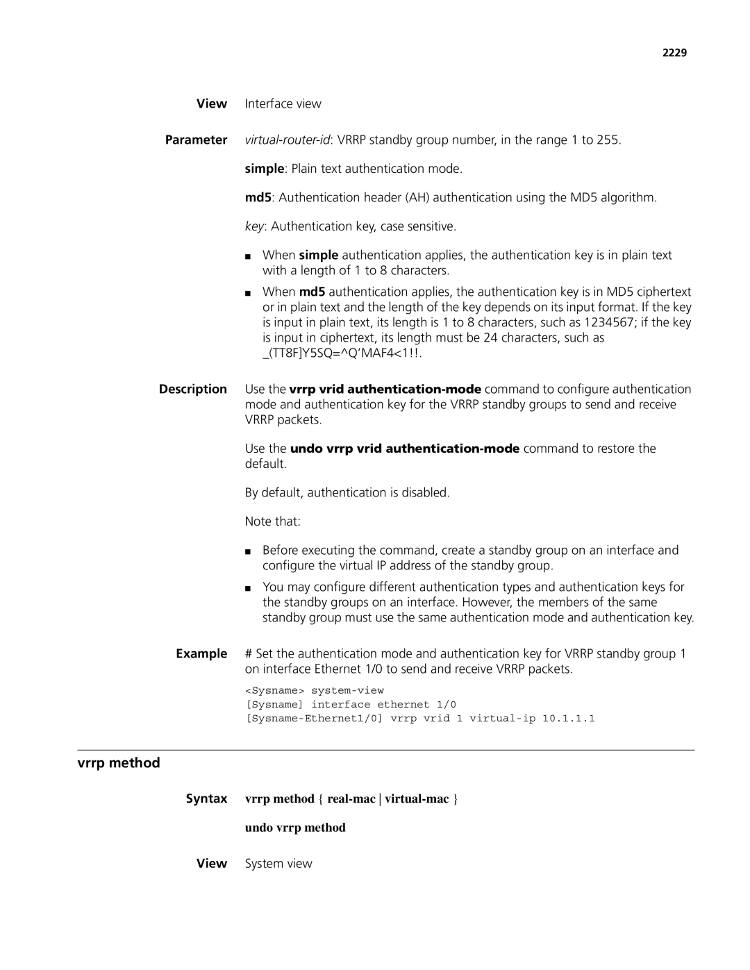 3Com MSR 50, MSR 30 manual Vrrp method, Syntax vrrp method real-mac virtual-mac Undo vrrp method, 2229 