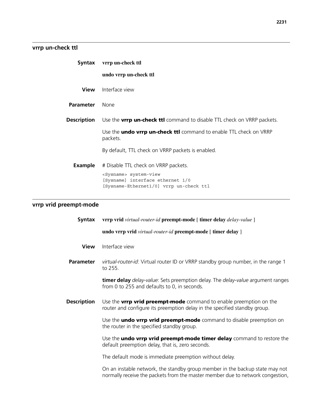 3Com MSR 50, MSR 30 manual Vrrp un-check ttl, Vrrp vrid preempt-mode, Syntax vrrp un-check ttl Undo vrrp un-check ttl, 2231 