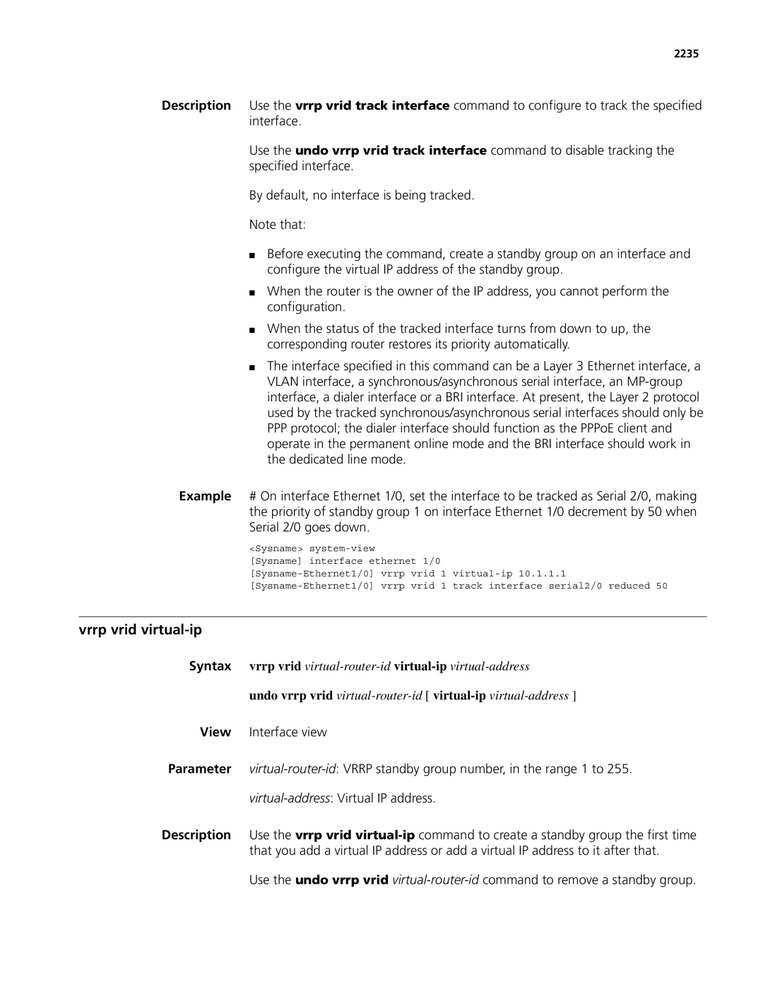 3Com MSR 50, MSR 30 manual Vrrp vrid virtual-ip, 2235 