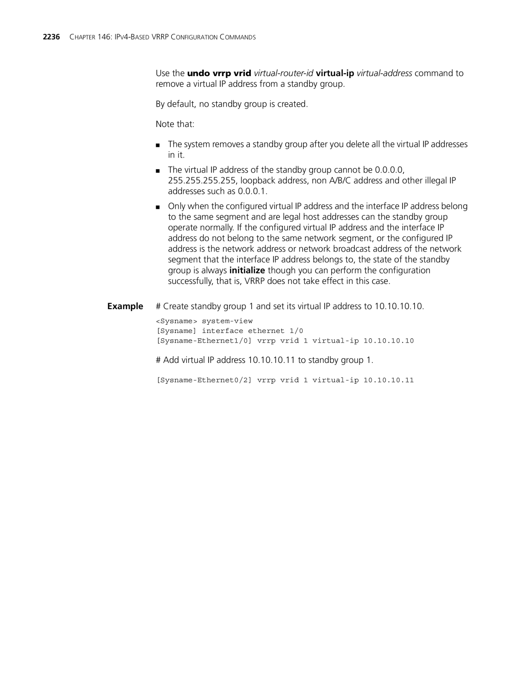 3Com MSR 30, MSR 50 manual # Add virtual IP address 10.10.10.11 to standby group 