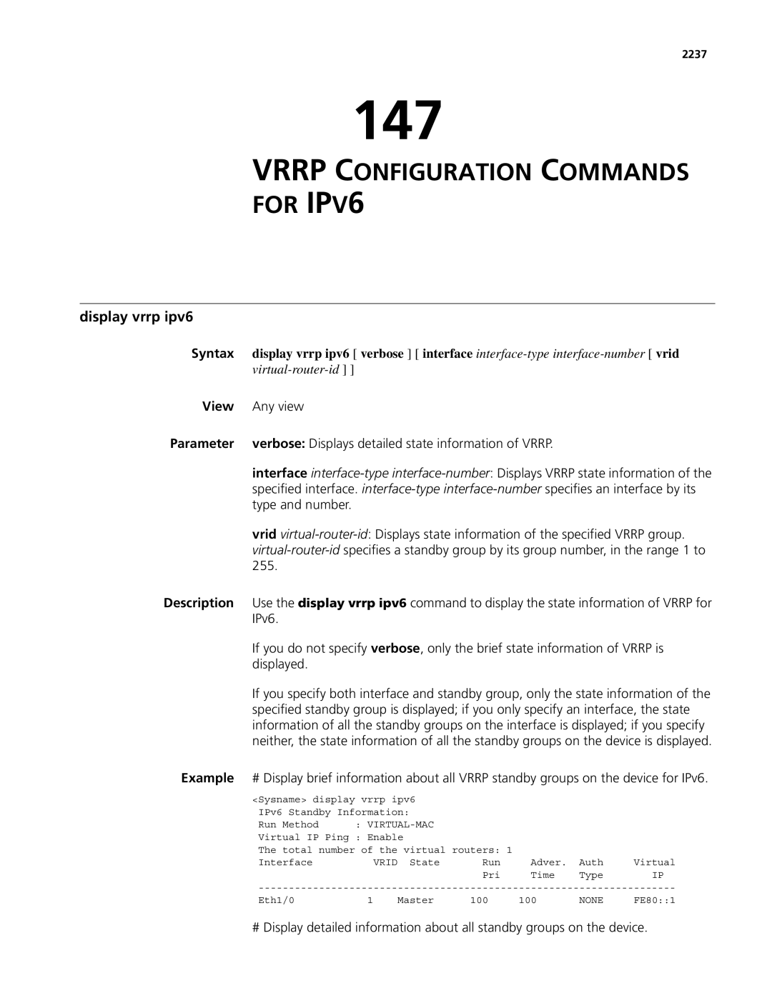 3Com MSR 50, MSR 30 manual 147, Vrrp Configuration Commands For IPV6, Display vrrp ipv6, IPv6, 2237 