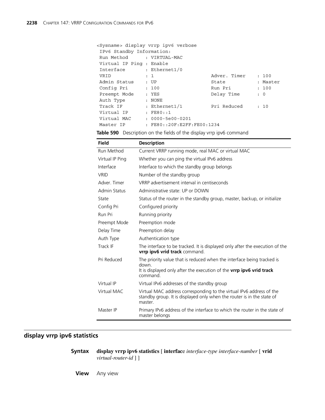 3Com MSR 30, MSR 50 manual Display vrrp ipv6 statistics, Vrrp ipv6 vrid track command 