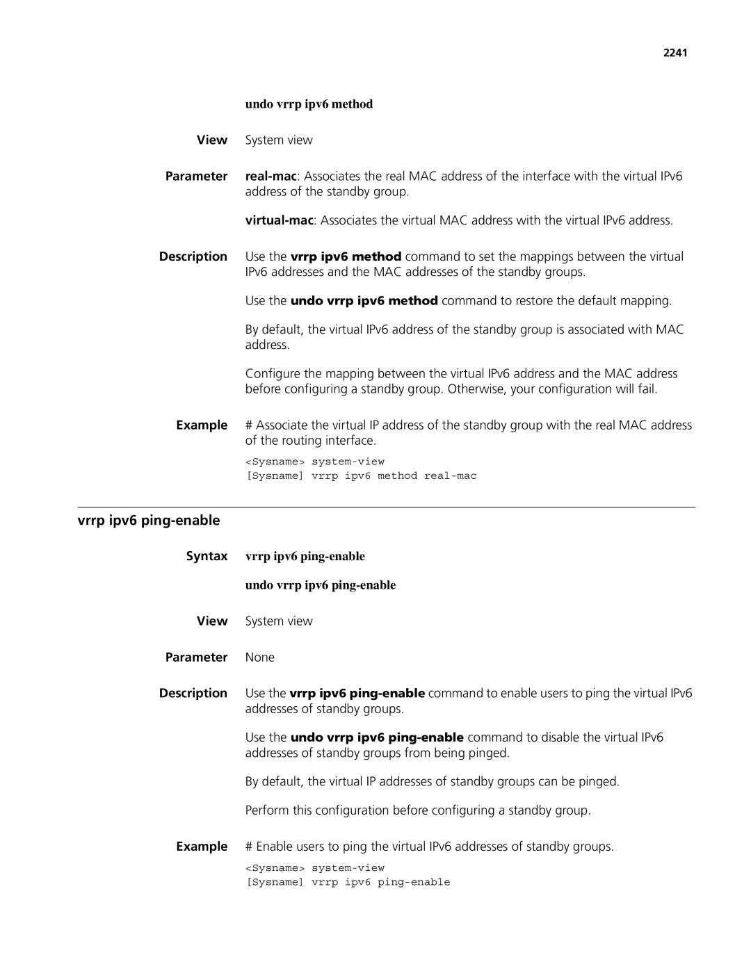 3Com MSR 50, MSR 30 manual Vrrp ipv6 ping-enable, Undo vrrp ipv6 method, Undo vrrp ipv6 ping-enable 