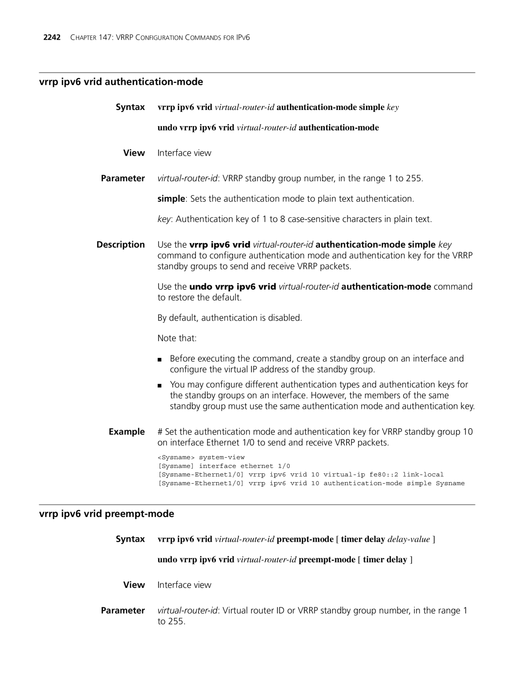 3Com MSR 30, MSR 50 manual Vrrp ipv6 vrid authentication-mode, Vrrp ipv6 vrid preempt-mode 