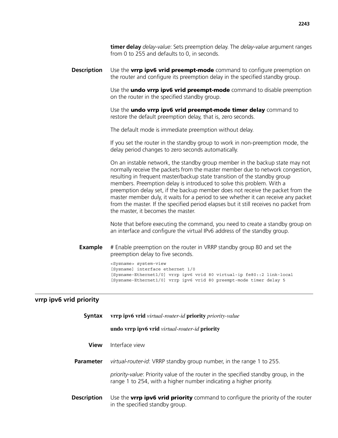 3Com MSR 50, MSR 30 manual Vrrp ipv6 vrid priority, Undo vrrp ipv6 vrid virtual-router-idpriority, 2243 