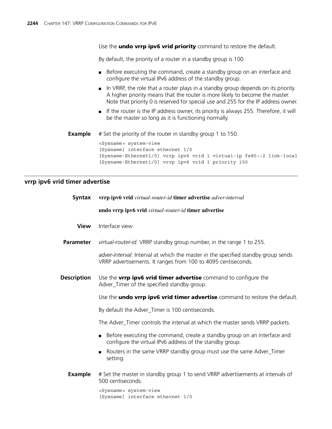 3Com MSR 30, MSR 50 manual Vrrp ipv6 vrid timer advertise, Undo vrrp ipv6 vrid virtual-router-idtimer advertise 