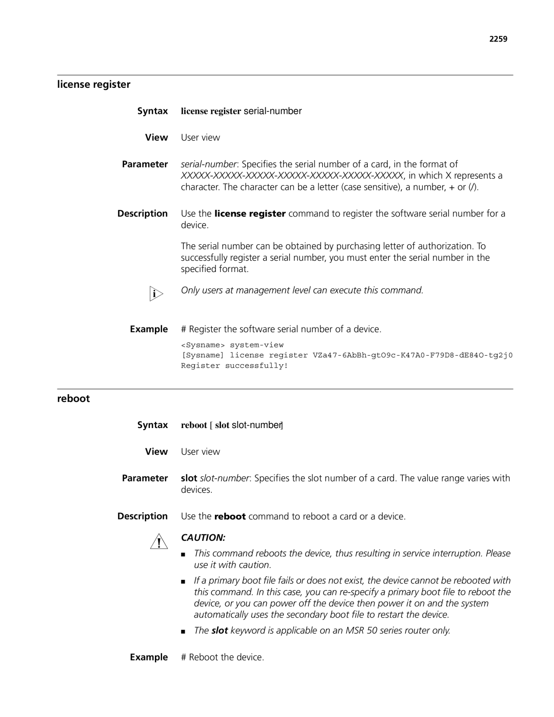 3Com MSR 50, MSR 30 manual License register, Syntax license register serial-number, Reboot slot slot-number 