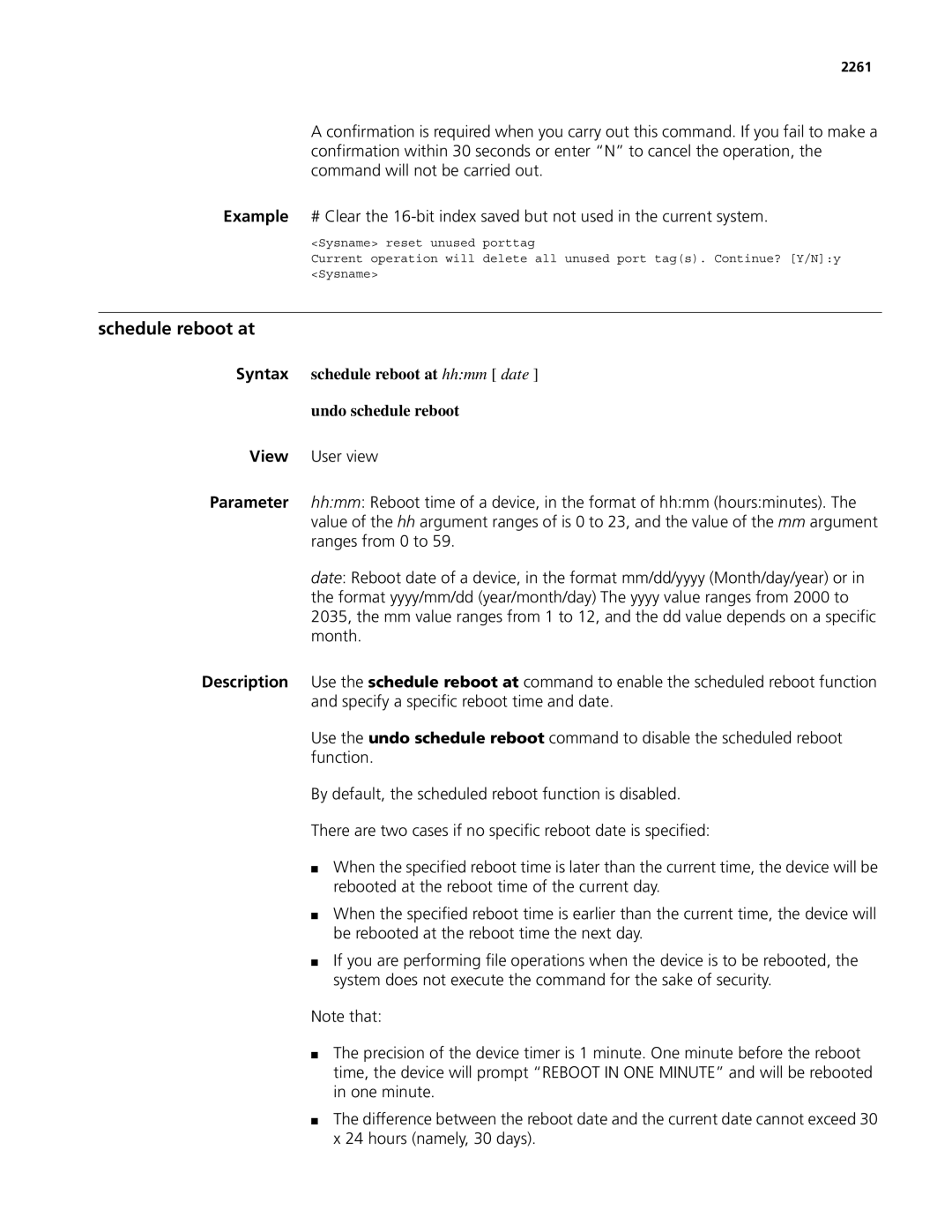 3Com MSR 50, MSR 30 manual Schedule reboot at, Syntax schedule reboot at hhmm date Undo schedule reboot, 2261 