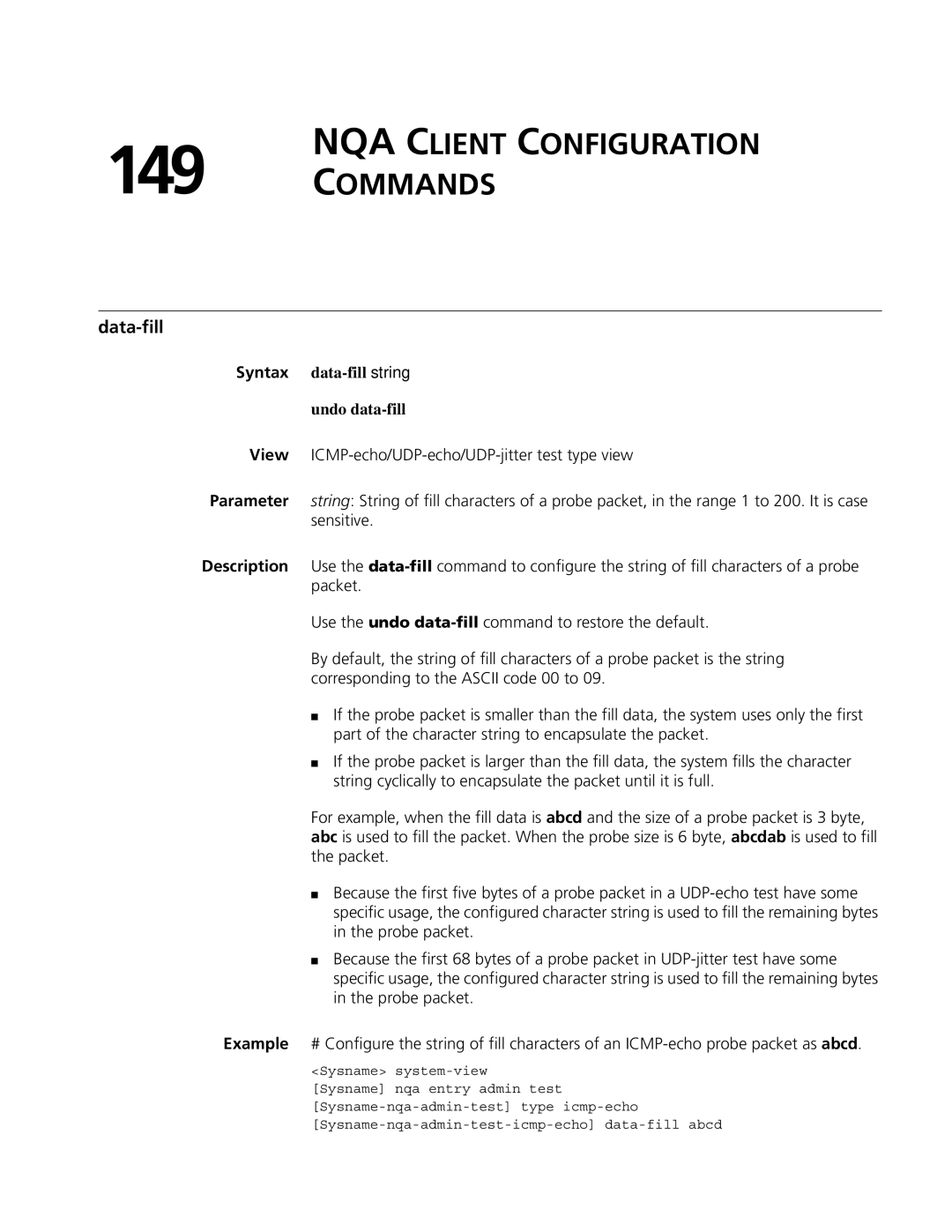 3Com MSR 50, MSR 30 manual NQA Client Configuration Commands, Data-fill, Syntax data-fill string Undo data-fill 