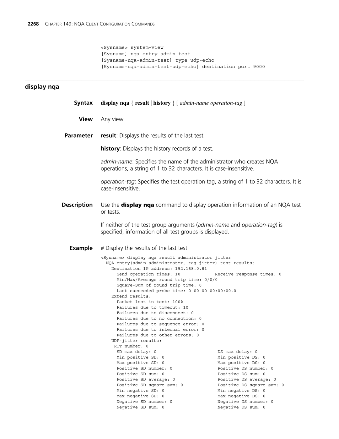 3Com MSR 30, MSR 50 manual Display nqa, Syntax display nqa result history admin-nameoperation-tag 