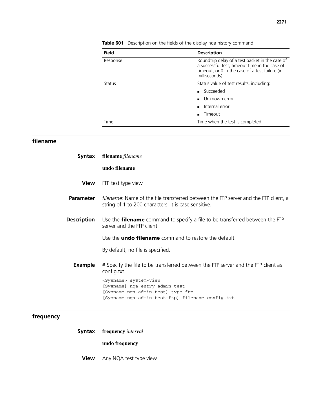 3Com MSR 50, MSR 30 Filename, Frequency, Syntax filename filename Undo filename, Syntax frequency interval Undo frequency 