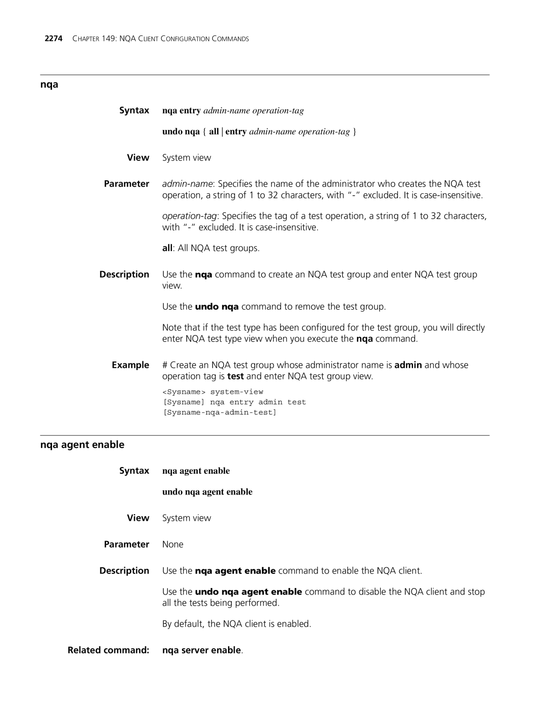 3Com MSR 30, MSR 50 Nqa agent enable, Syntax nqa agent enable Undo nqa agent enable, Related command nqa server enable 