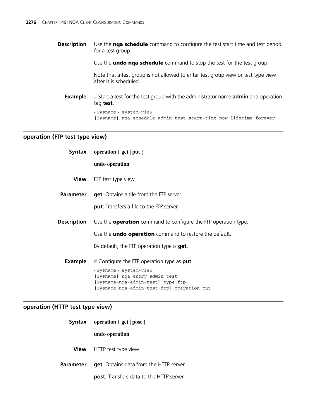 3Com MSR 30, MSR 50 manual Operation FTP test type view, Operation Http test type view, Operation get put, Undo operation 