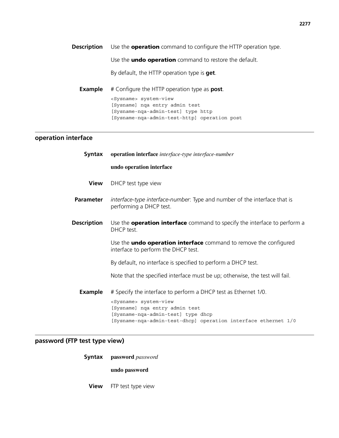 3Com MSR 50, MSR 30 manual Operation interface, Password FTP test type view, Undo operation interface 