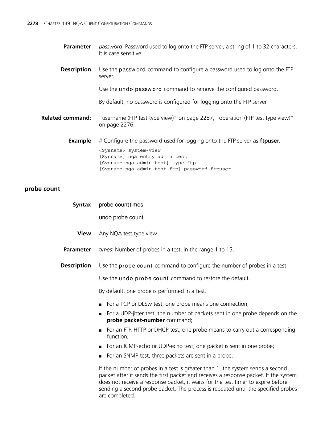 3Com MSR 30, MSR 50 manual Probe count, Syntax probe count times Undo probe count 