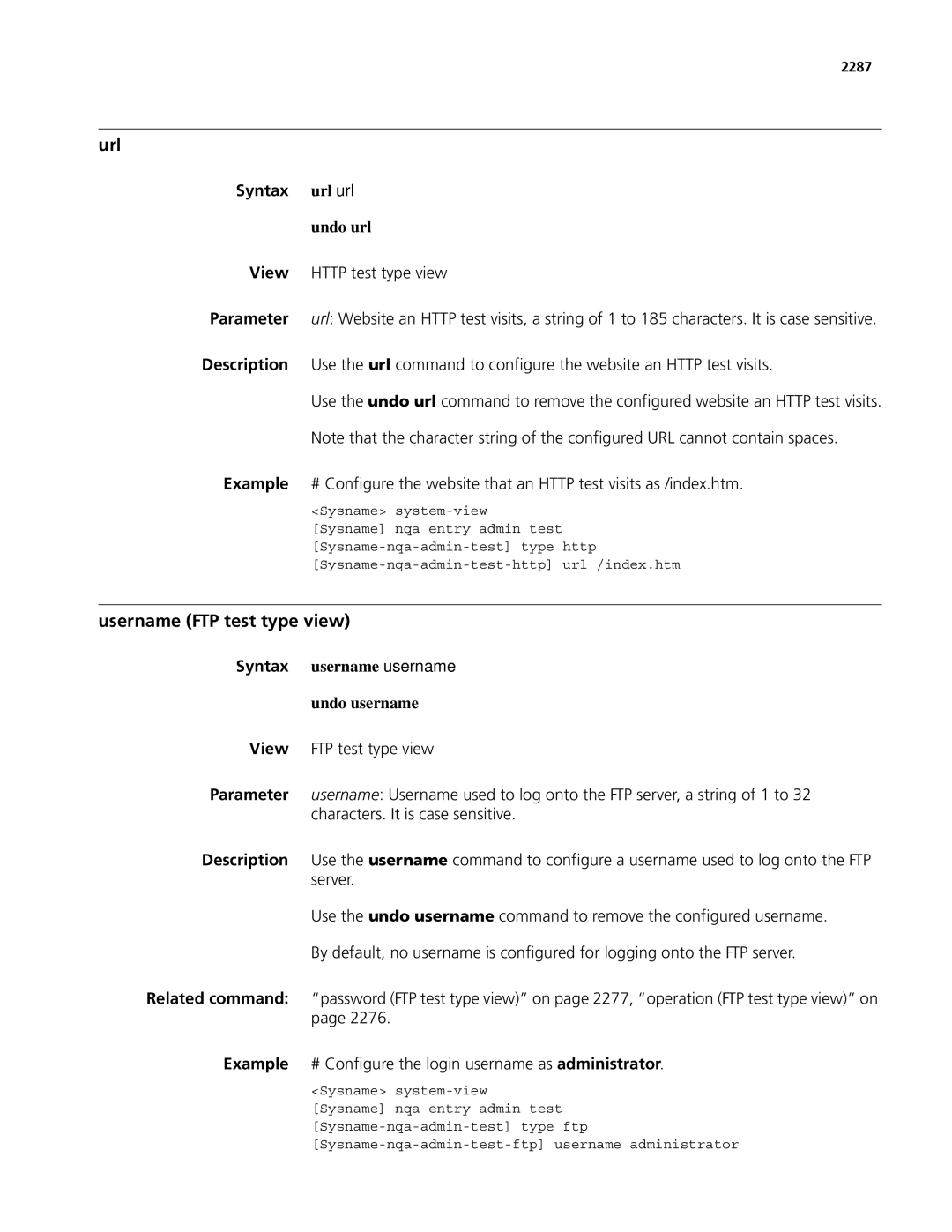 3Com MSR 50, MSR 30 Url, Username FTP test type view, Syntax url url, Undo url, Syntax username username Undo username 