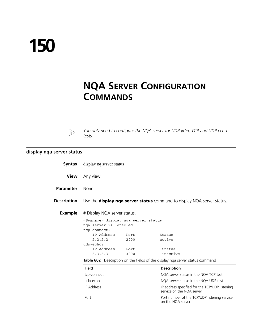 3Com MSR 50, MSR 30 150, NQA Server Configuration Commands, Display nqa server status, Syntax display nqa server status 