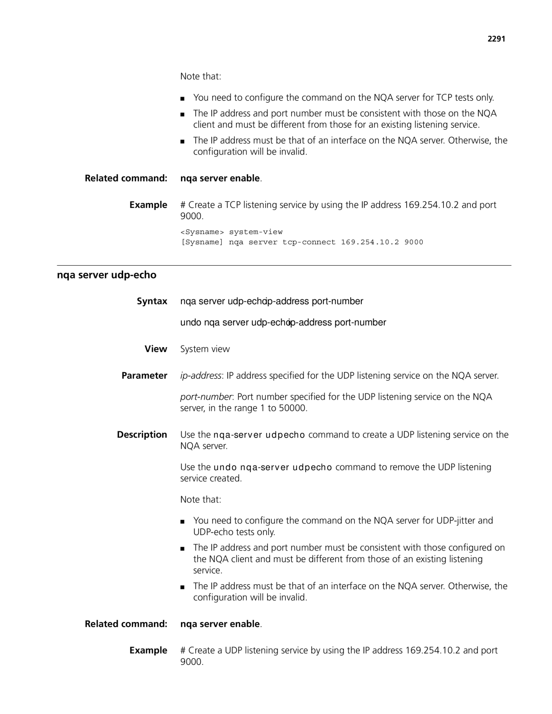 3Com MSR 50, MSR 30 manual Nqa server udp-echo, Undo nqa server udp-echo ip-addressport-number, 2291 