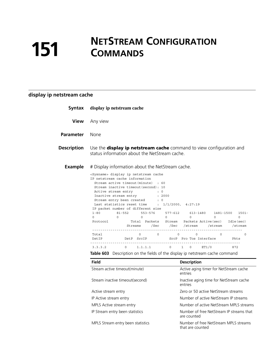 3Com MSR 50, MSR 30 manual Netstream Configuration Commands, Display ip netstream cache, Syntax display ip netstream cache 