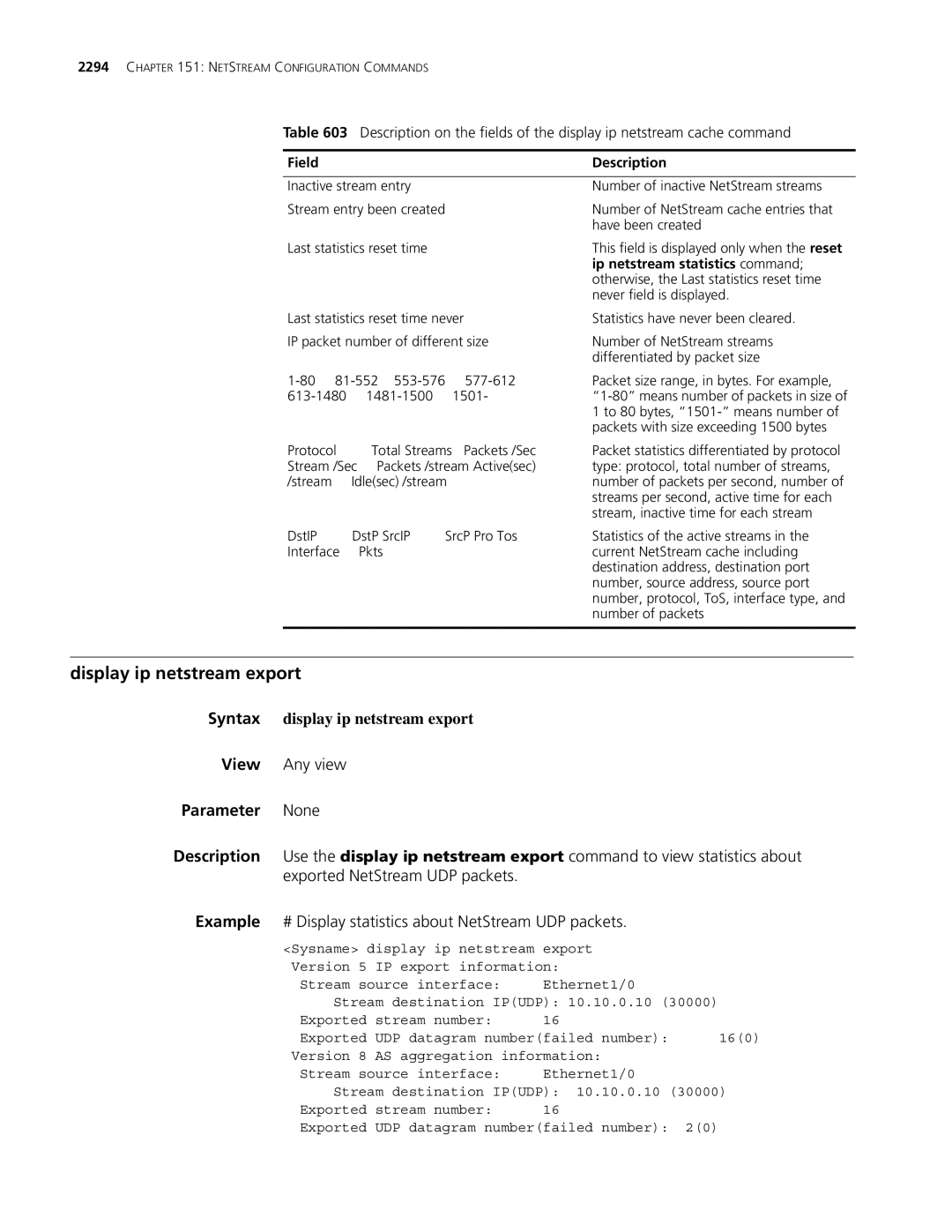 3Com MSR 30, MSR 50 manual Display ip netstream export, Exported NetStream UDP packets, Ip netstream statistics command 