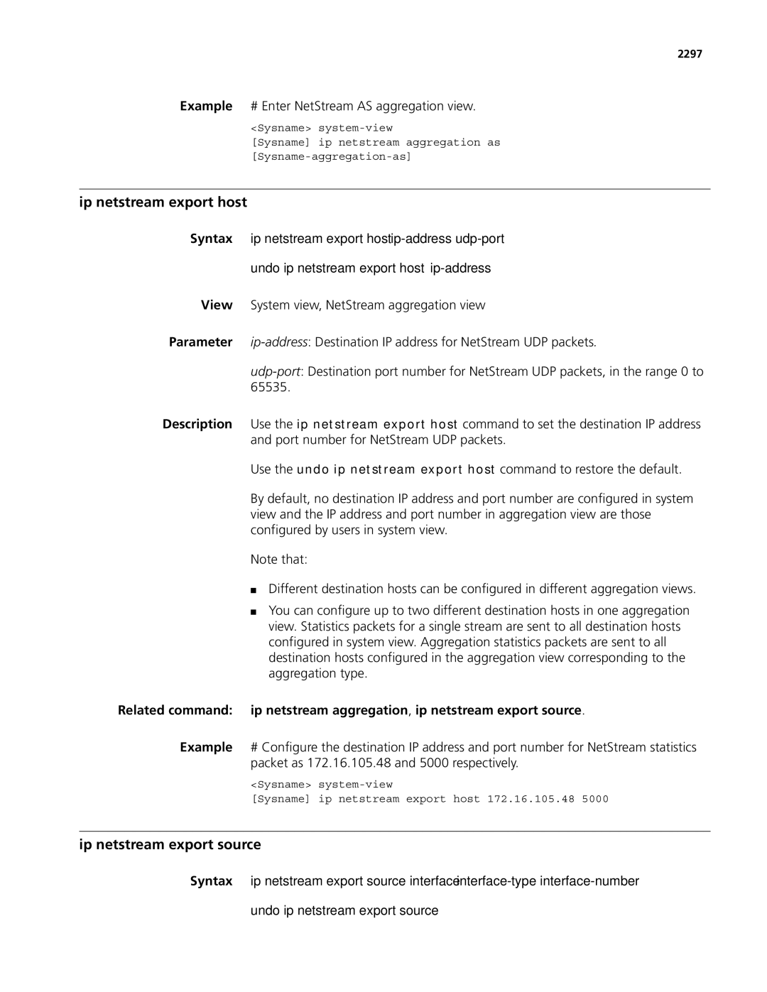 3Com MSR 50 Ip netstream export host, Ip netstream export source, Example # Enter NetStream AS aggregation view, 2297 