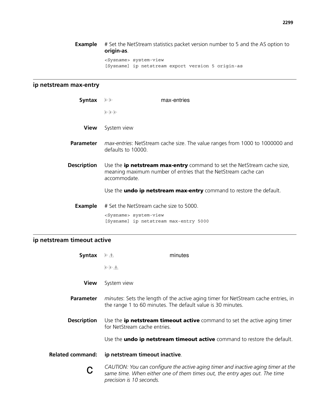 3Com MSR 50 manual Ip netstream max-entry, Ip netstream timeout active, Related command ip netstream timeout inactive, 2299 