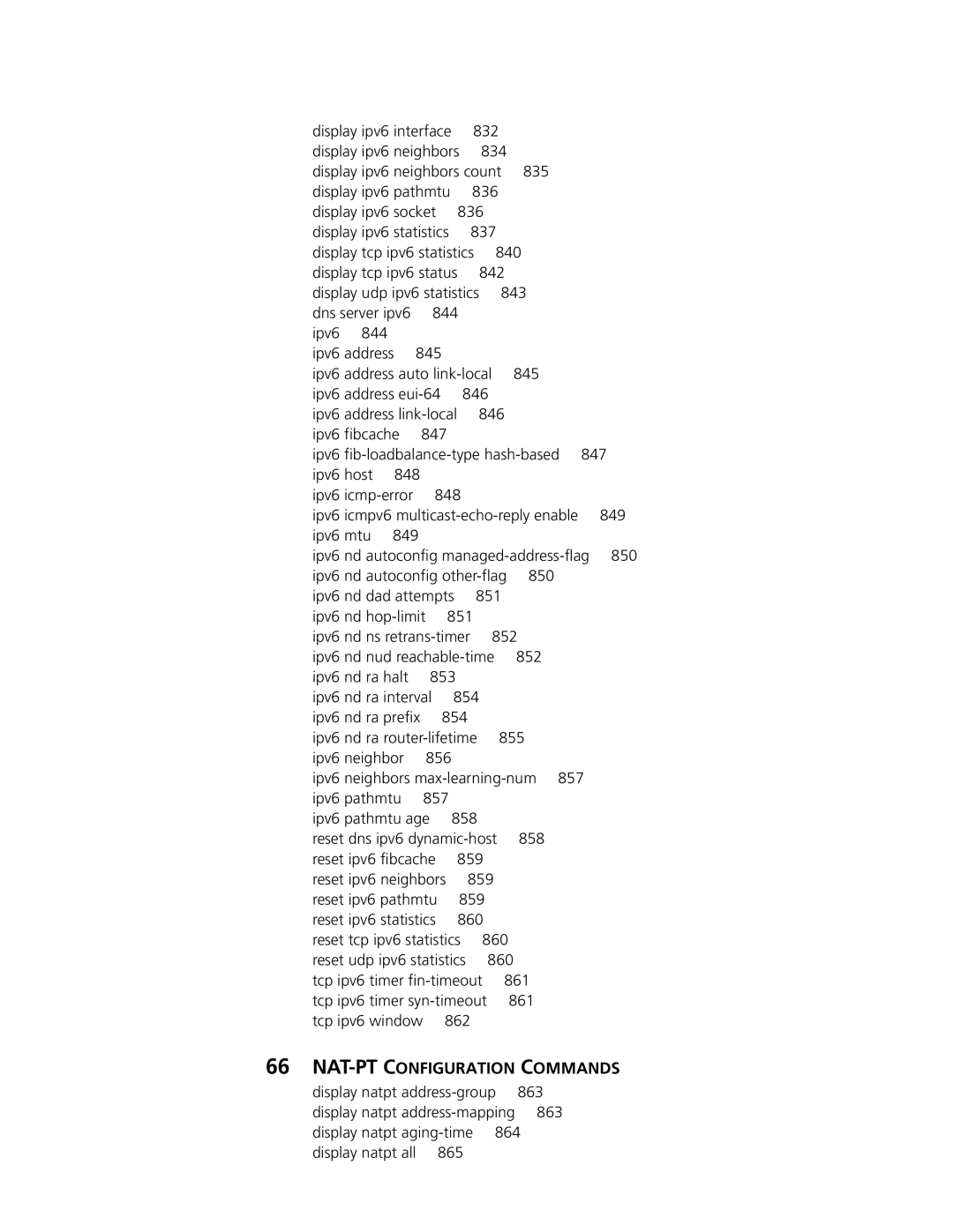 3Com MSR 50, MSR 30 manual NAT-PT Configuration Commands, Display tcp ipv6 status 842, Display natpt address-group 863 