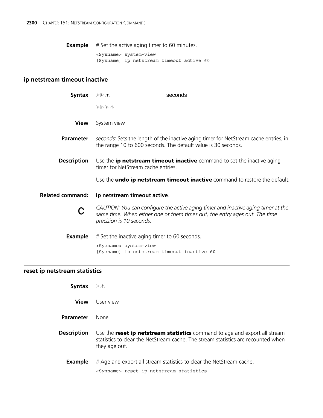 3Com MSR 30 Ip netstream timeout inactive, Reset ip netstream statistics, Related command ip netstream timeout active 