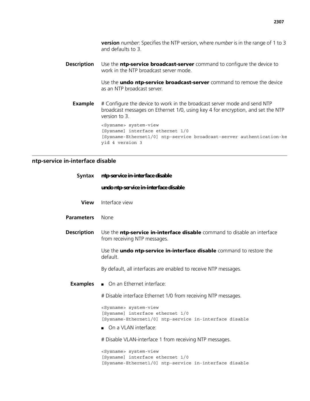 3Com MSR 50, MSR 30 manual Ntp-service in-interface disable, 2307 