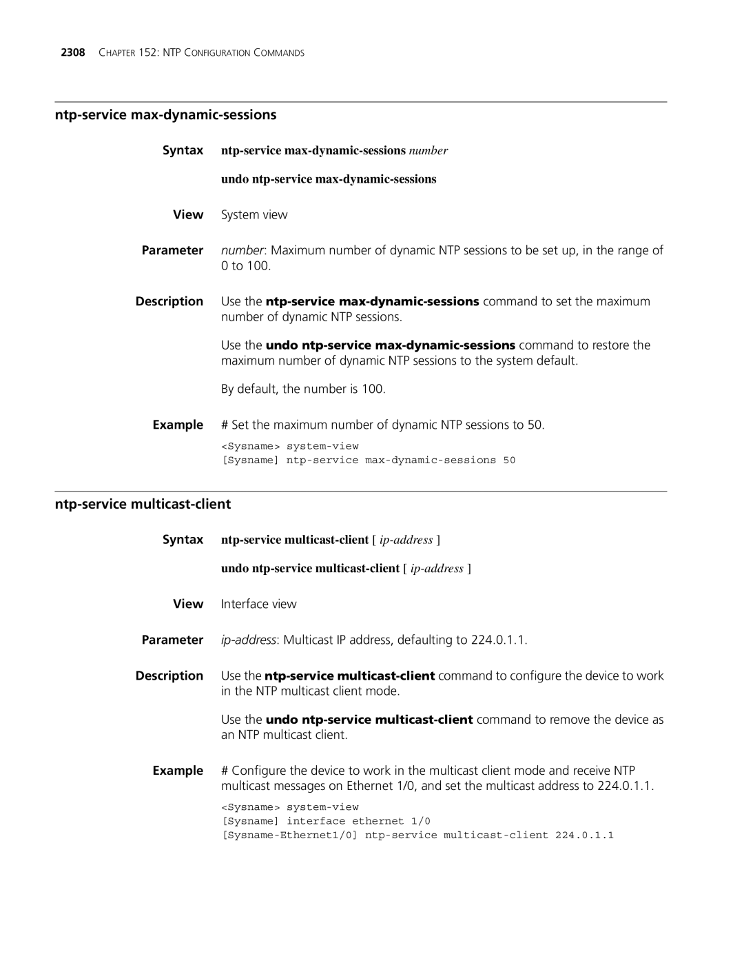 3Com MSR 30, MSR 50 manual Ntp-service max-dynamic-sessions, Ntp-service multicast-client 