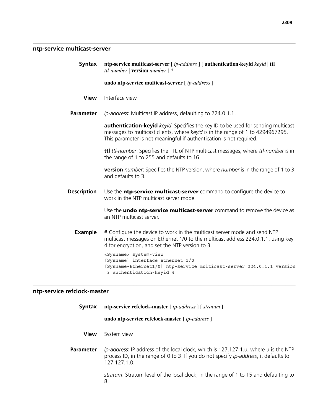 3Com MSR 50 Ntp-service multicast-server, Ntp-service refclock-master, Undo ntp-service multicast-server ip-address, 2309 