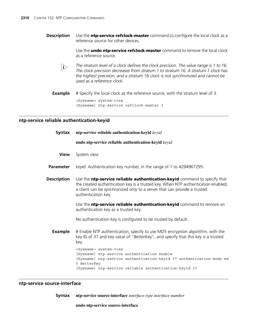 3Com MSR 30, MSR 50 Ntp-service reliable authentication-keyid, Ntp-service source-interface, Used as a reference clock 