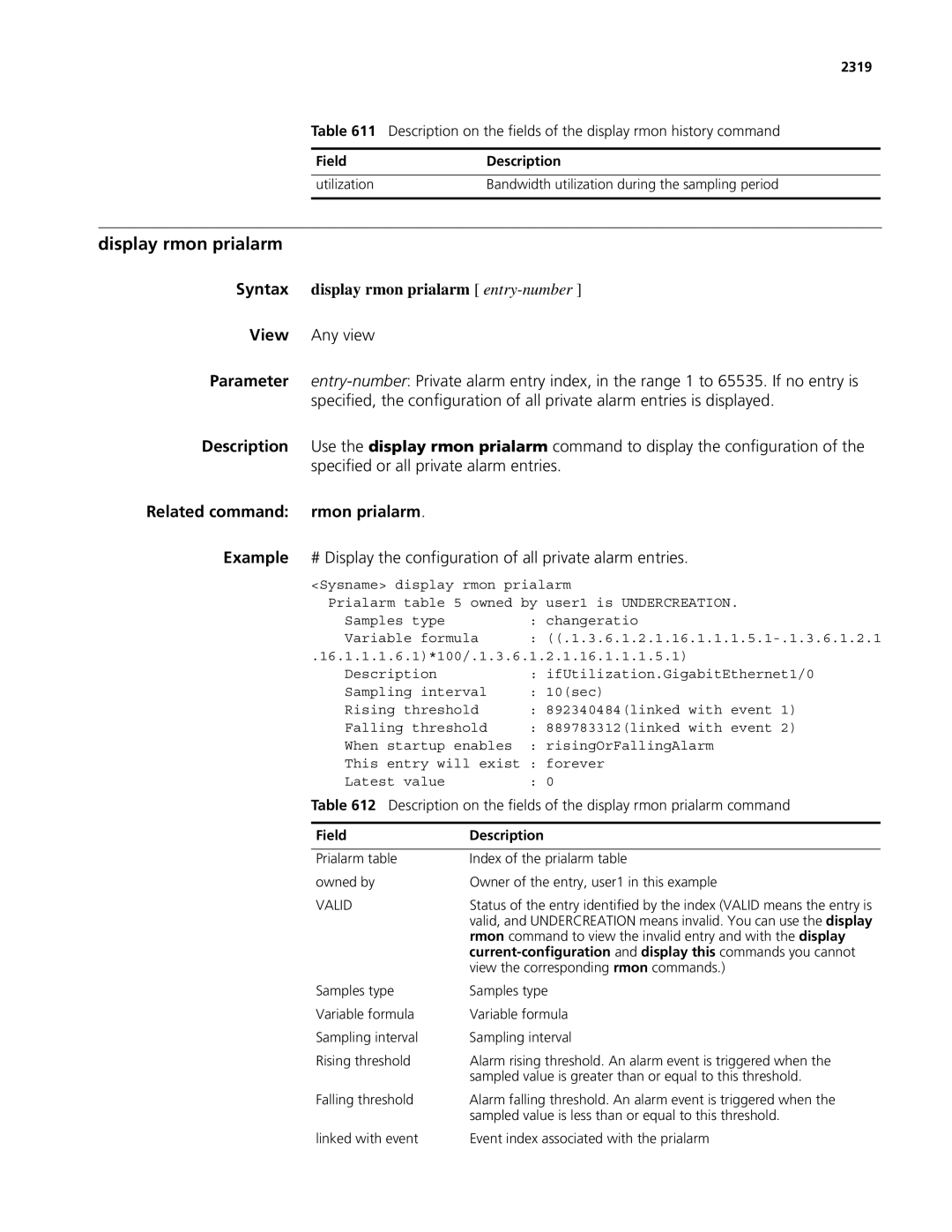 3Com MSR 50, MSR 30 Display rmon prialarm, Syntax display rmon prialarm entry-number, Related command rmon prialarm, 2319 