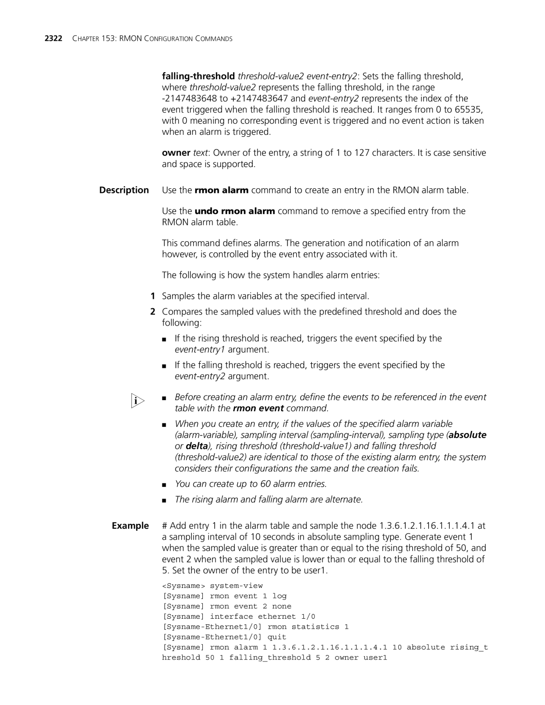 3Com MSR 30, MSR 50 manual Table with the rmon event command, You can create up to 60 alarm entries 