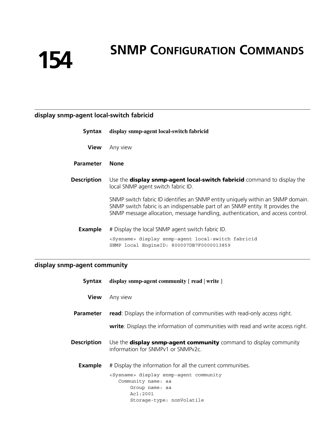 3Com MSR 50 manual 154, Snmp Configuration Commands, Display snmp-agent local-switch fabricid, Display snmp-agent community 