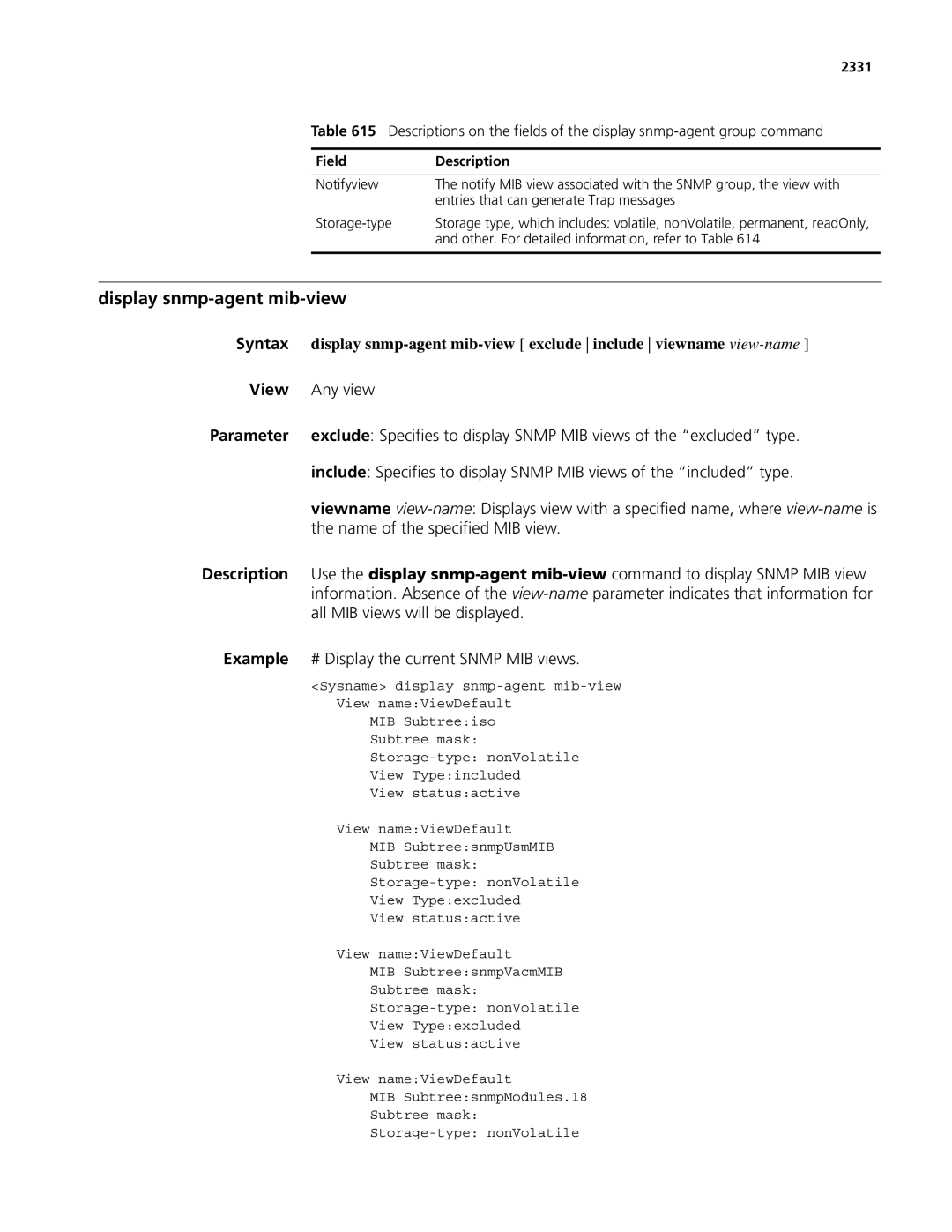 3Com MSR 50, MSR 30 manual Display snmp-agent mib-view, Name of the specified MIB view, 2331 