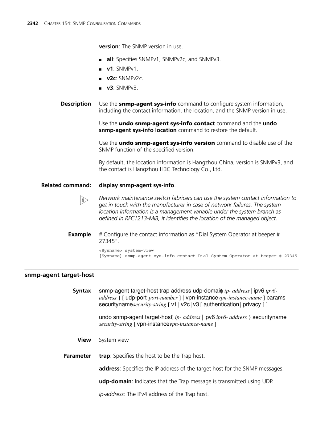 3Com MSR 30, MSR 50 manual Snmp-agent target-host, Related command Display snmp-agentsys-info 