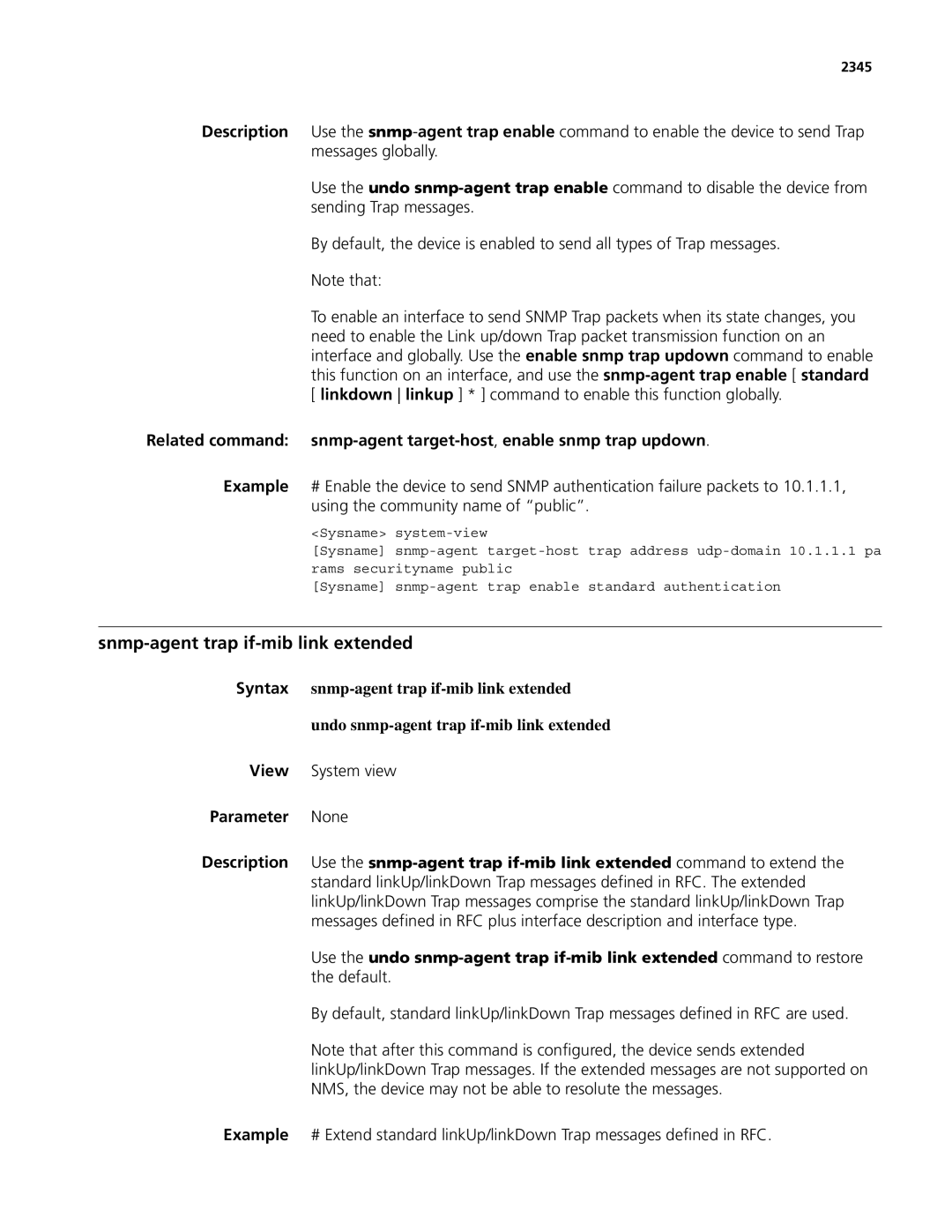 3Com MSR 50, MSR 30 manual Snmp-agent trap if-mib link extended, Undo snmp-agent trap if-mib link extended, 2345 