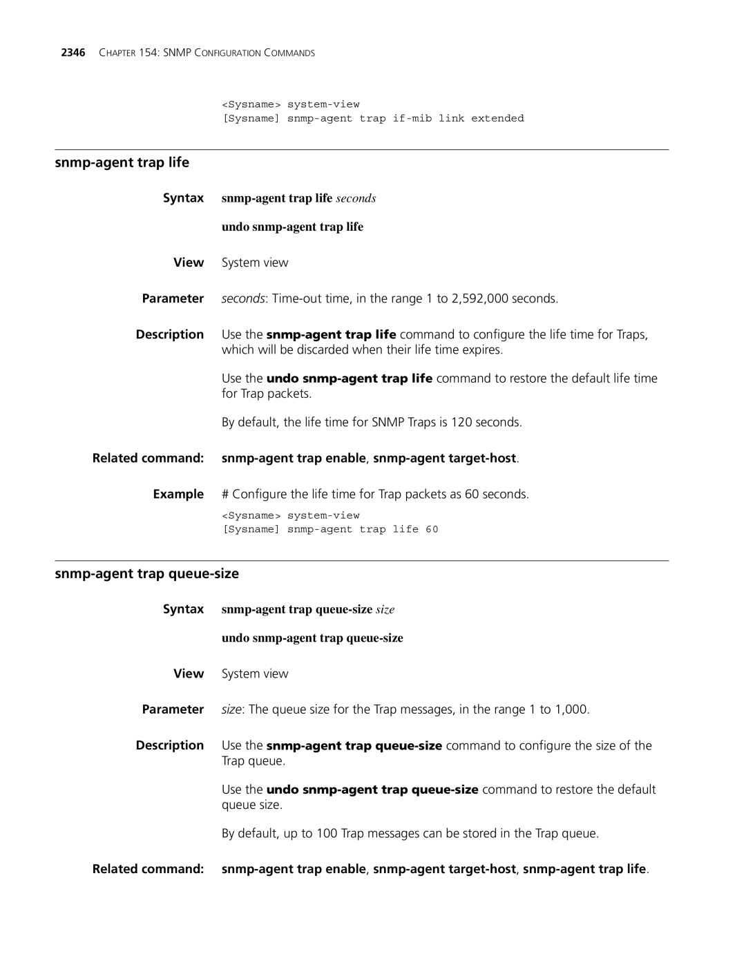 3Com MSR 30, MSR 50 manual Snmp-agent trap life, Snmp-agent trap queue-size 