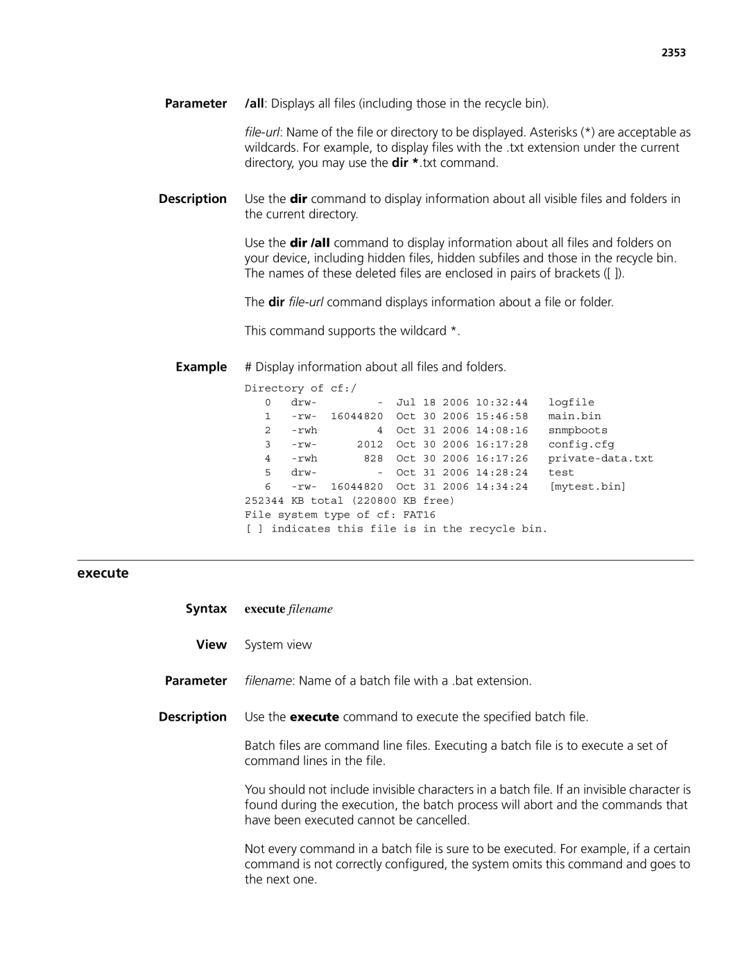 3Com MSR 50, MSR 30 manual Execute, Syntax execute filename, 2353 