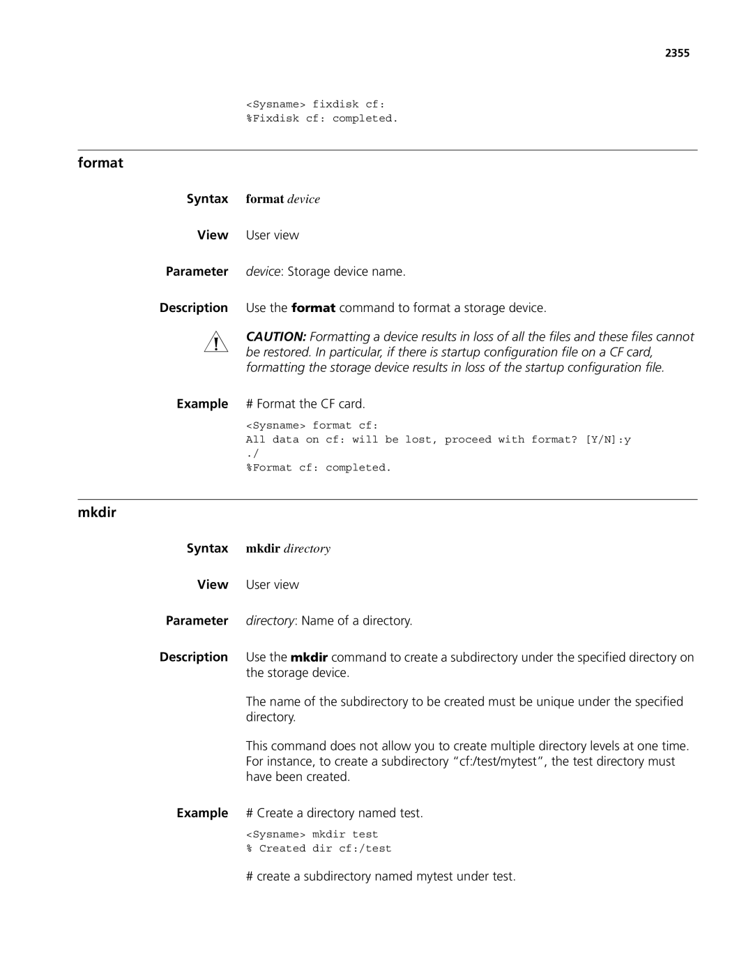 3Com MSR 50, MSR 30 manual Format, Syntax format device, # create a subdirectory named mytest under test, 2355 