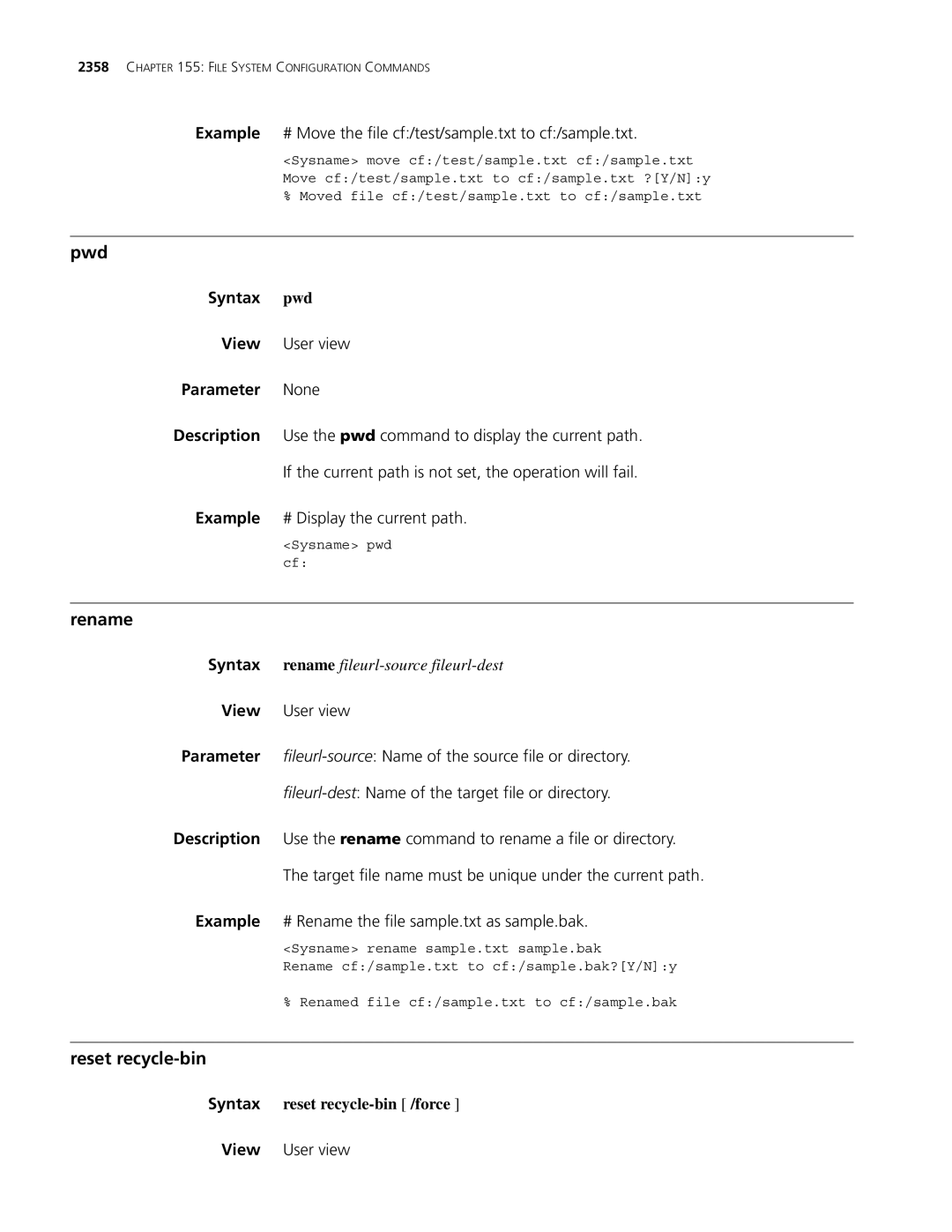 3Com MSR 30, MSR 50 manual Reset recycle-bin, Example # Move the file cf/test/sample.txt to cf/sample.txt 