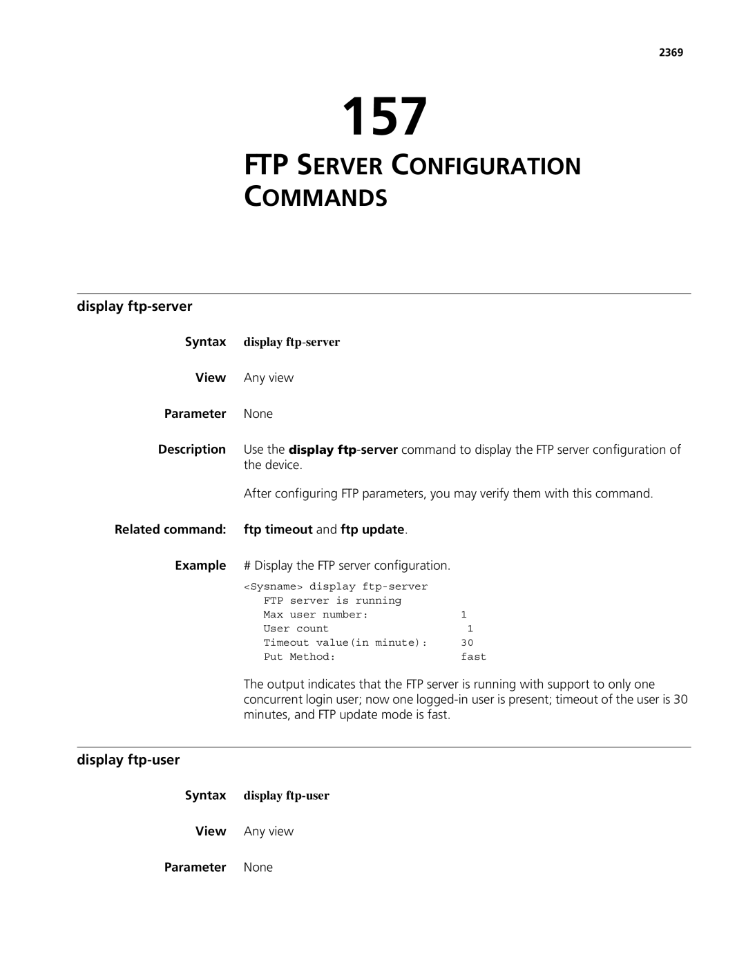 3Com MSR 50, MSR 30 manual 157, FTP Server Configuration Commands, Display ftp-server, Display ftp-user 