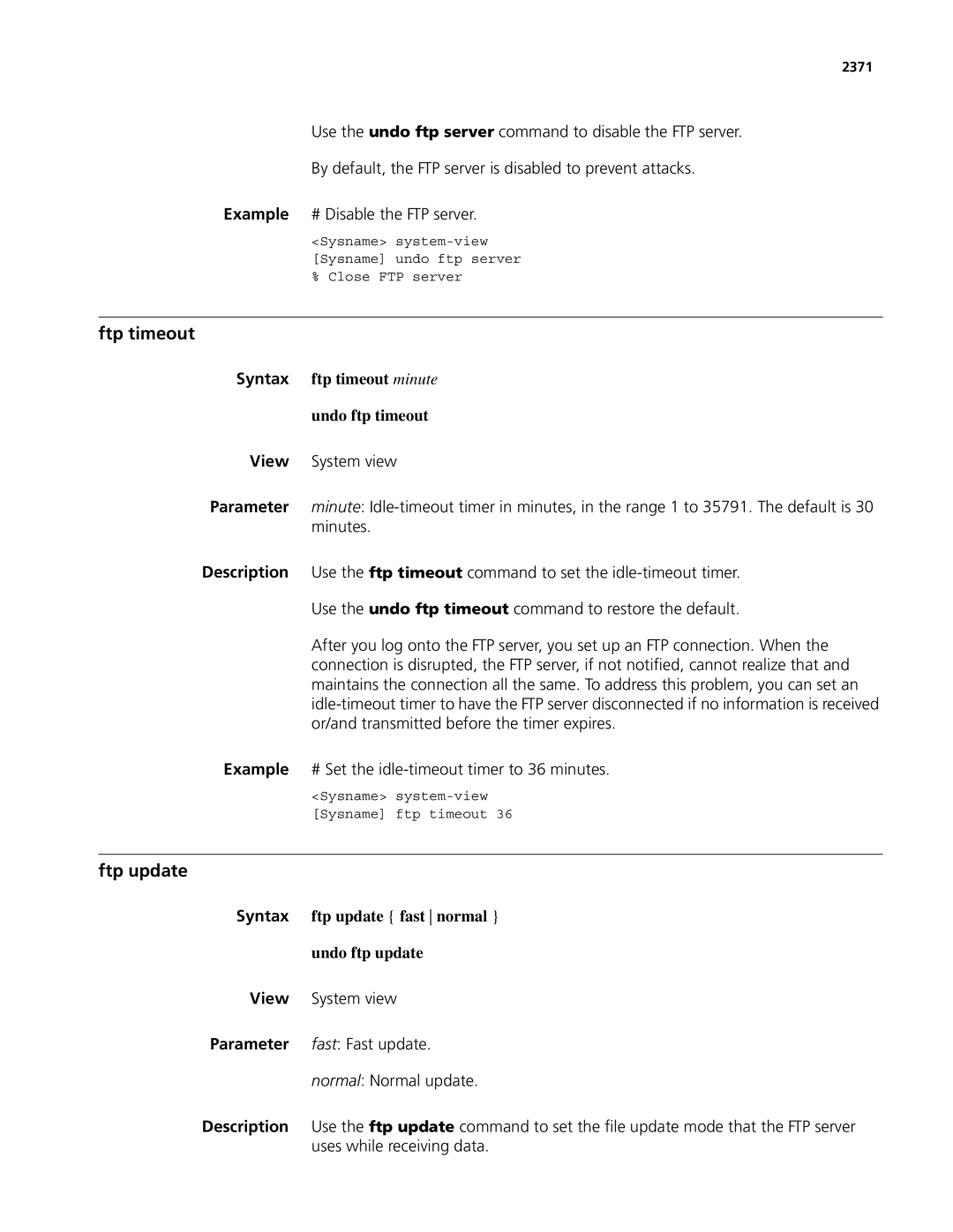 3Com MSR 50, MSR 30 manual Ftp timeout, Ftp update, Syntax ftp timeout minute Undo ftp timeout, 2371 