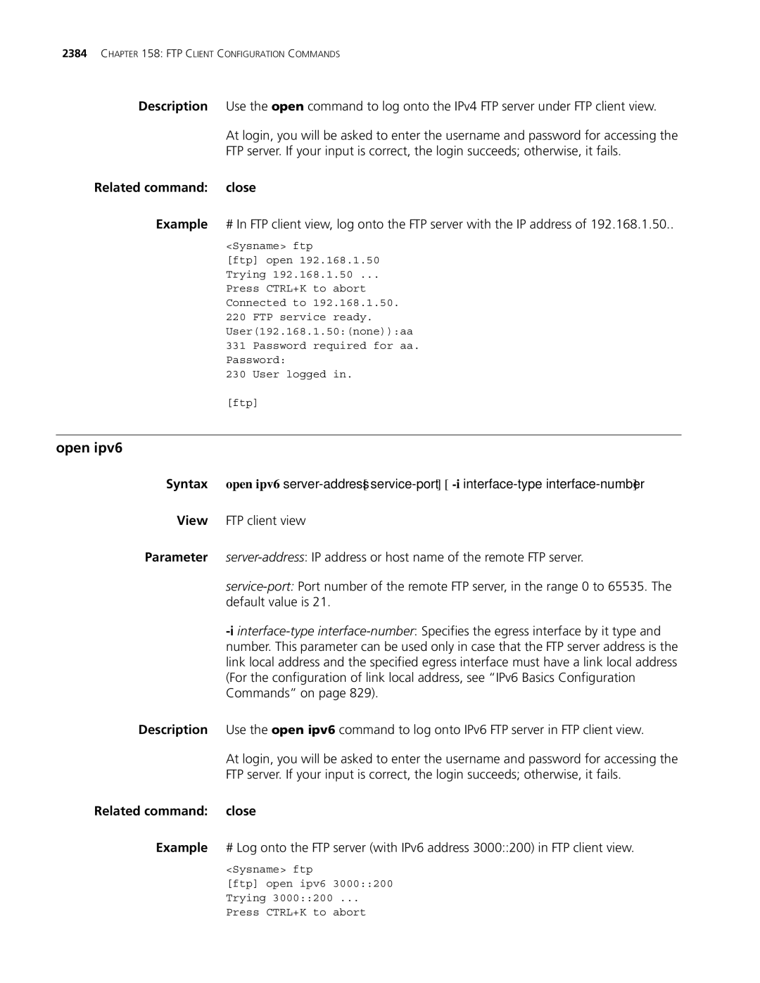 3Com MSR 30, MSR 50 manual Open ipv6, Related command close 