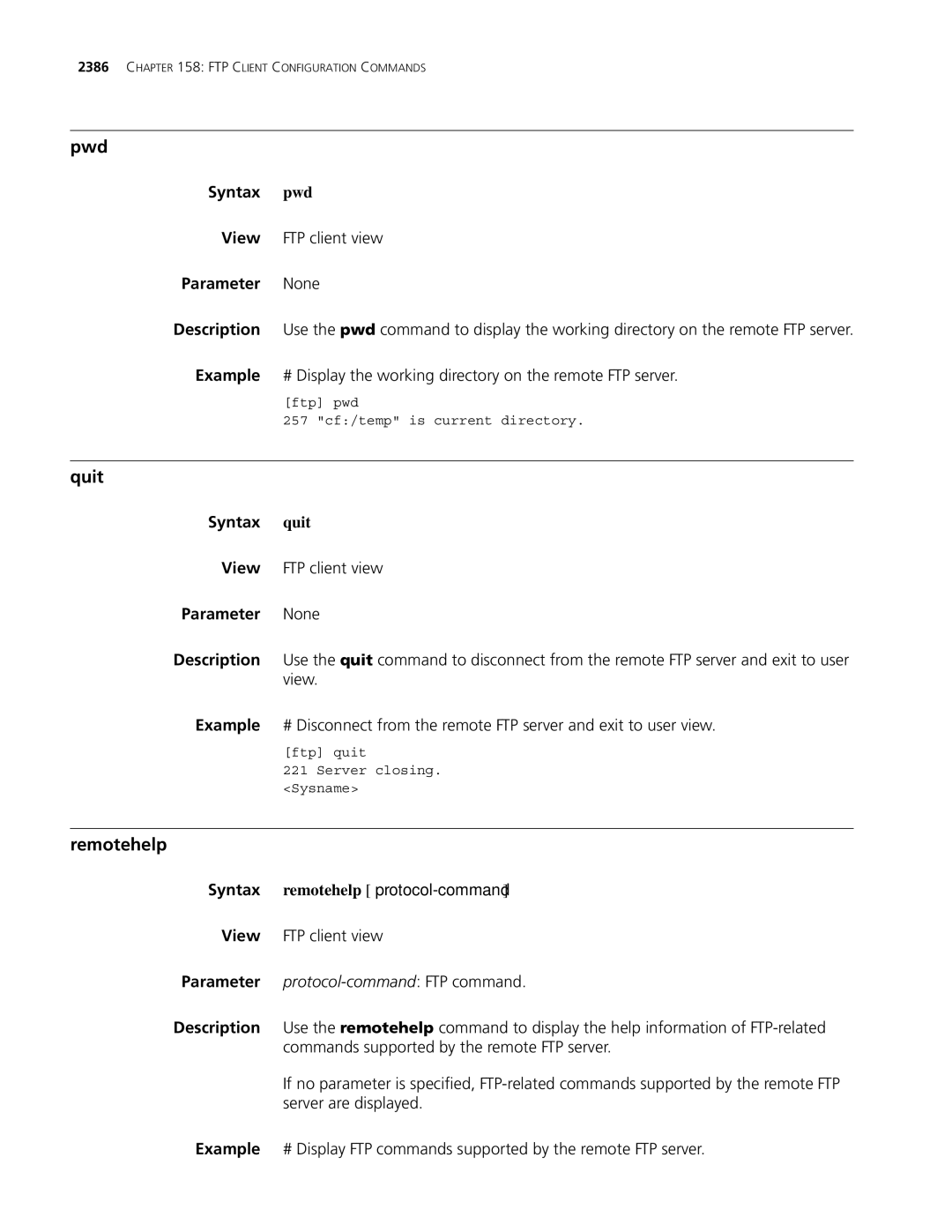 3Com MSR 30, MSR 50 manual Remotehelp, Parameter protocol-command FTP command 